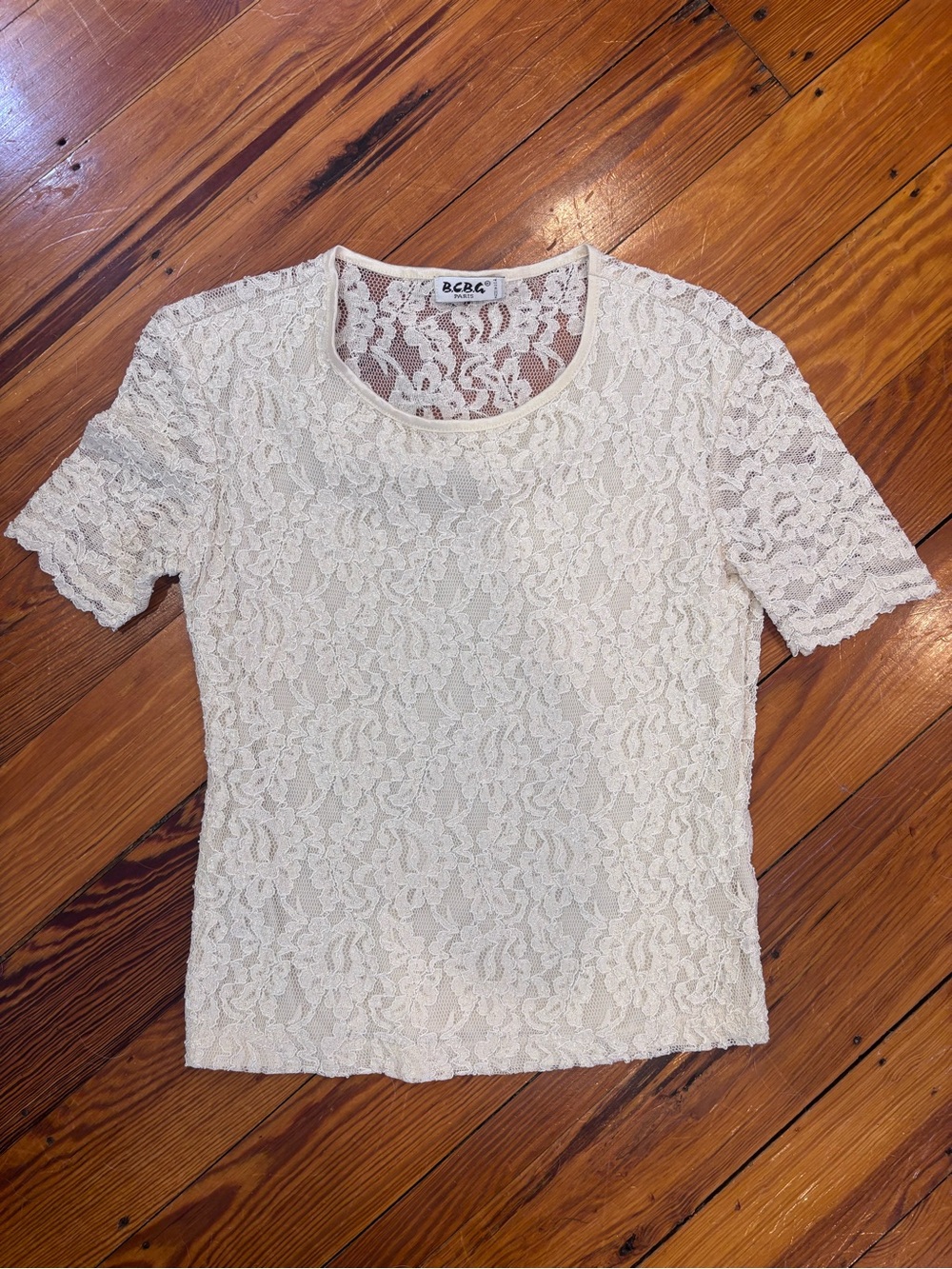 BCBG Paris White Lace Short Sleeve Blouse